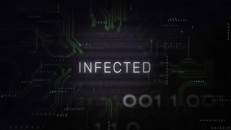 Infected text animation over binary code and circuit board background