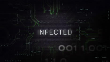 Infected-text-animation-over-binary-code-and-circuit-board-background