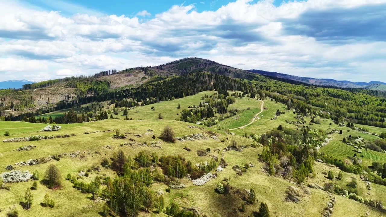 Ripresa fluida con drone in parallasse su colline montuose panoramiche, prati e paesaggio forestale in Slovacchia sotto un cielo nuvoloso drammatico. Filmato aereo cinematografico della natura con effetto profondità.