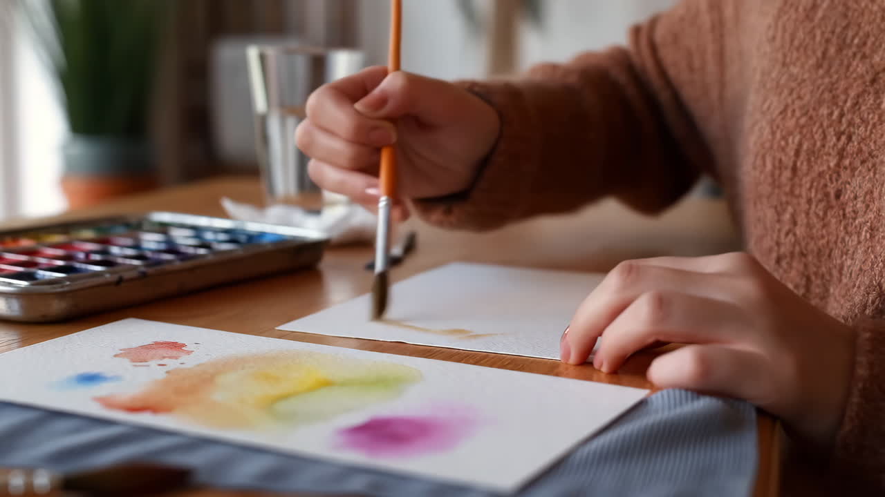Person watercolor painting at a desk