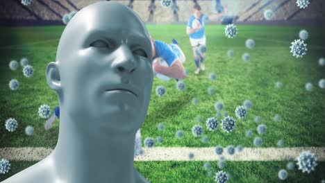 Animation-Eines-Menschlichen-Kopfmodells-Und-Fallender-Covid-Zellen-über-Fußballspielern