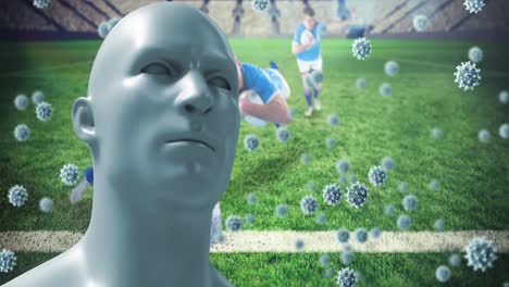 인간의 머리 모델의 애니메이션과 축구 선수 위에 떨어지는 코로나 세포