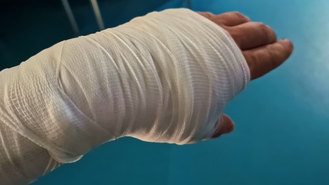 Close up of a hand and wrist being bandaged