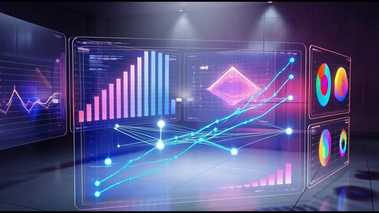 Futuristic Holographic Data Visualization Interface in Dark Room