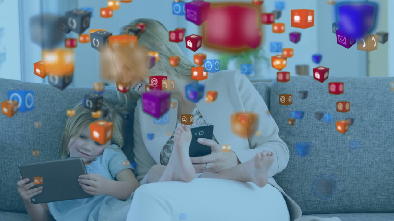 iconos digitales que se mueven contra la madre y la hija usando un teléfono inteligente y una tableta digital