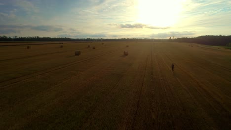 Eine-Drohnenaufnahme-Eines-Weiten-Landes-Mit-Leuchtend-Gelbem-Himmel-Im-Hintergrund-In-Der-Morgenzeit