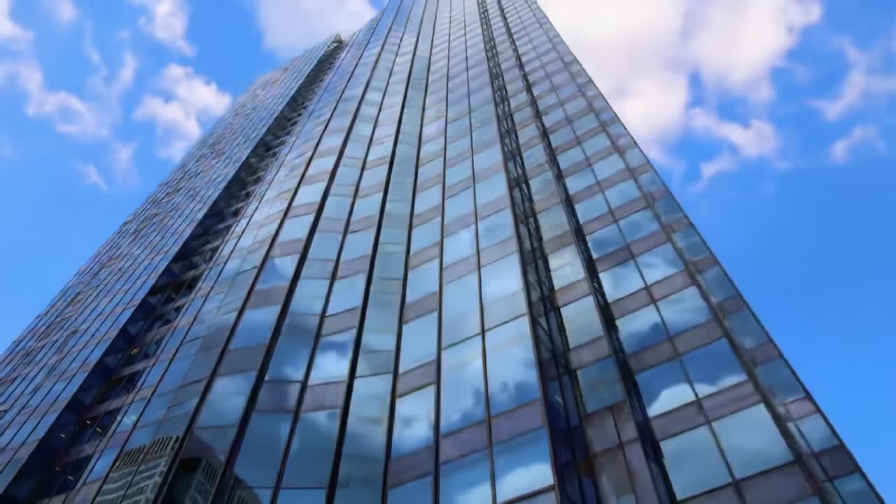 Tall glass buildings reflect the bright blue sky in a bustling city area. The architecture showcases modern design elements that highlight urban life and commerce.