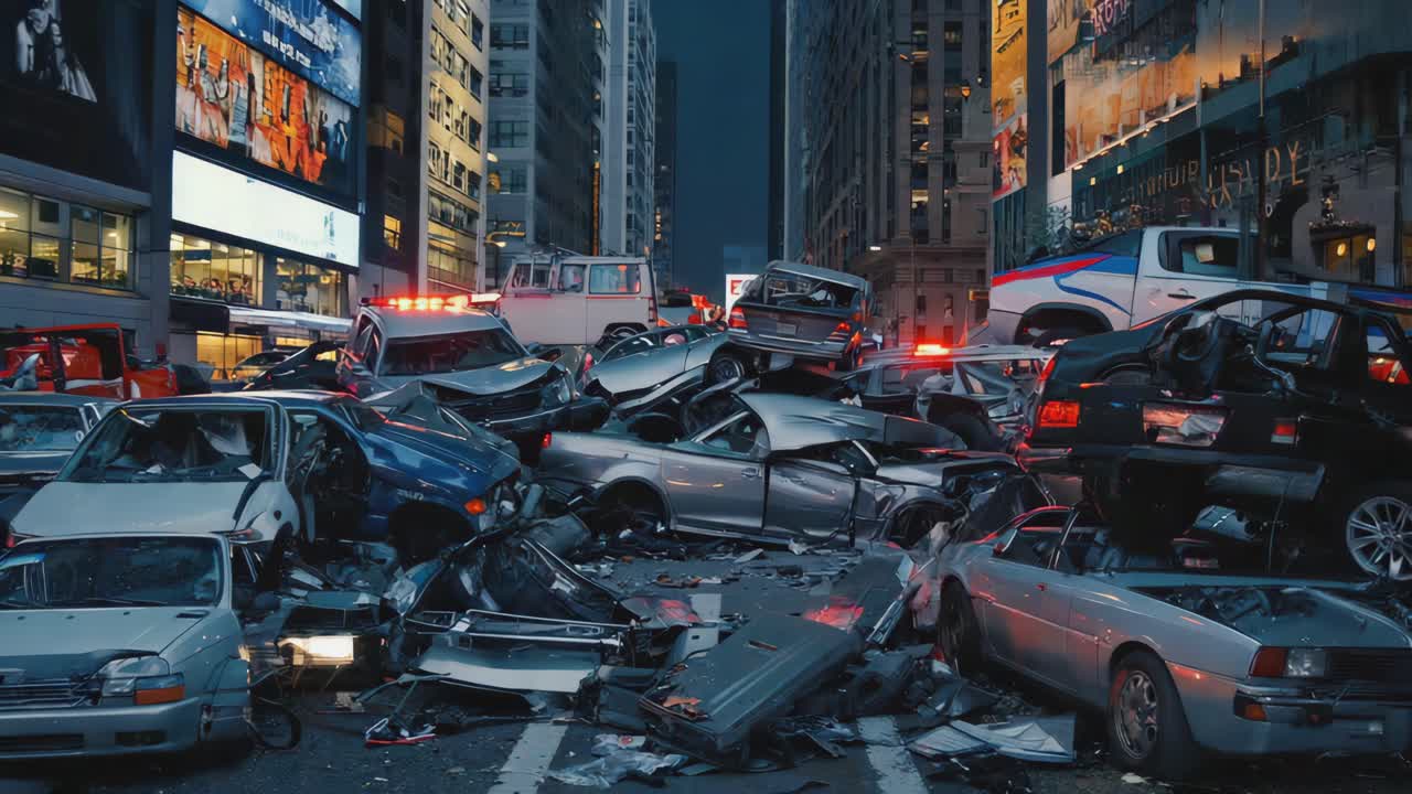 Chaotic Car Wreckage Piles Up on a City Street at Night
