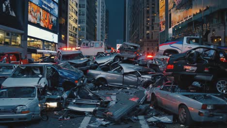 chaotic car wreckage piles up on a city street at night