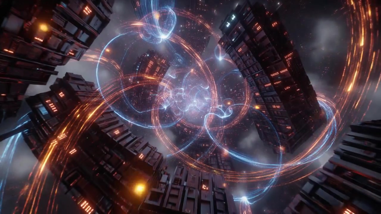 Futuristic Abstract Cityscape with Glowing Energy Rings and Data Streams