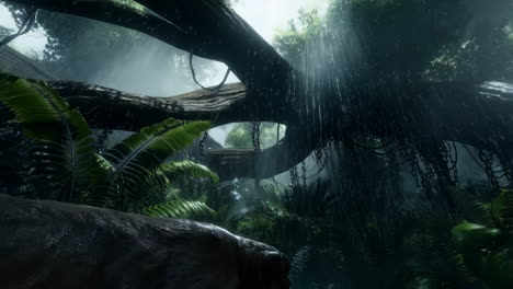 lush tropical jungle scene with rain and sunbeams