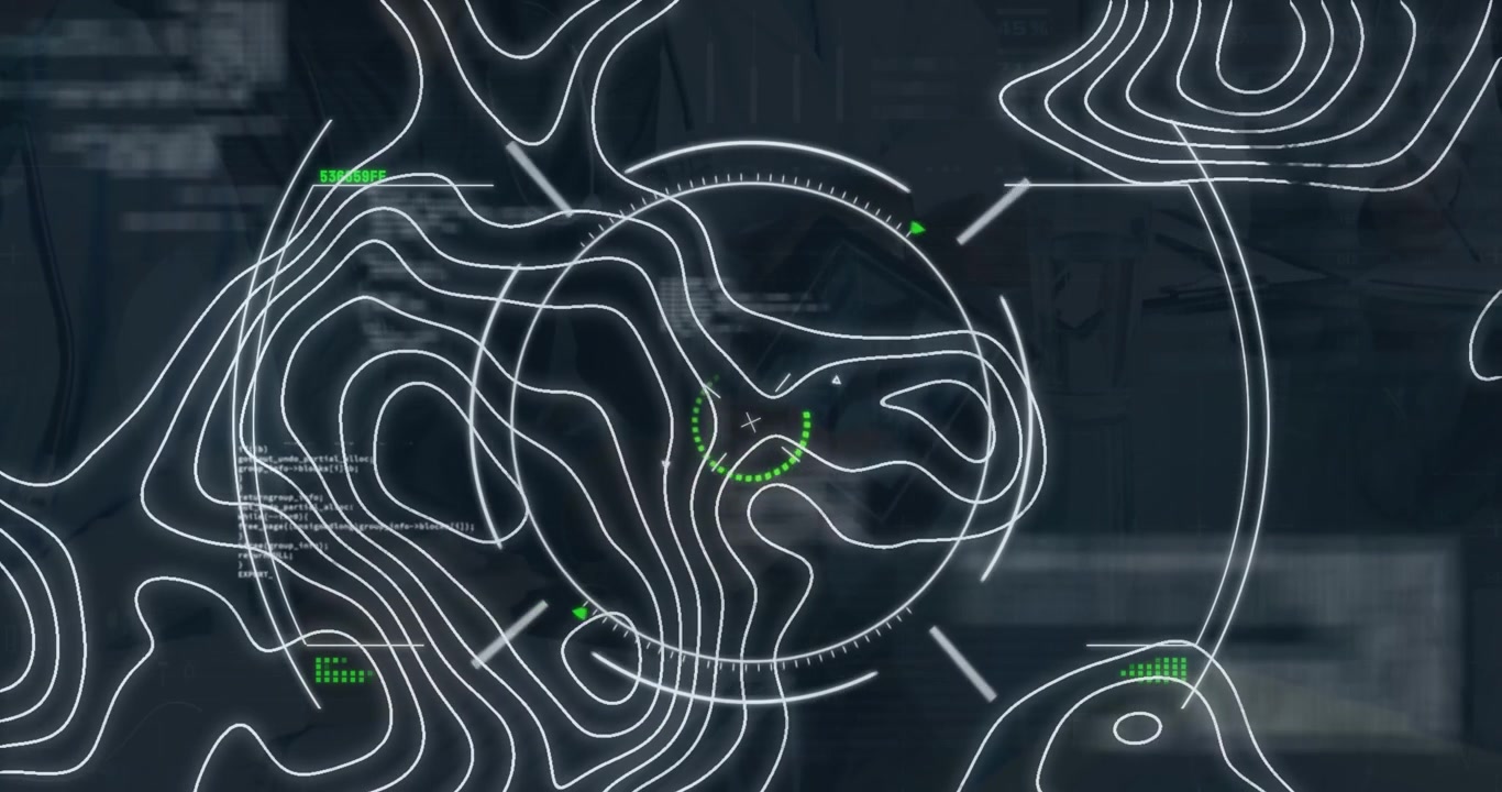 Futuristic HUD Display with Moving Topographic Lines and Data