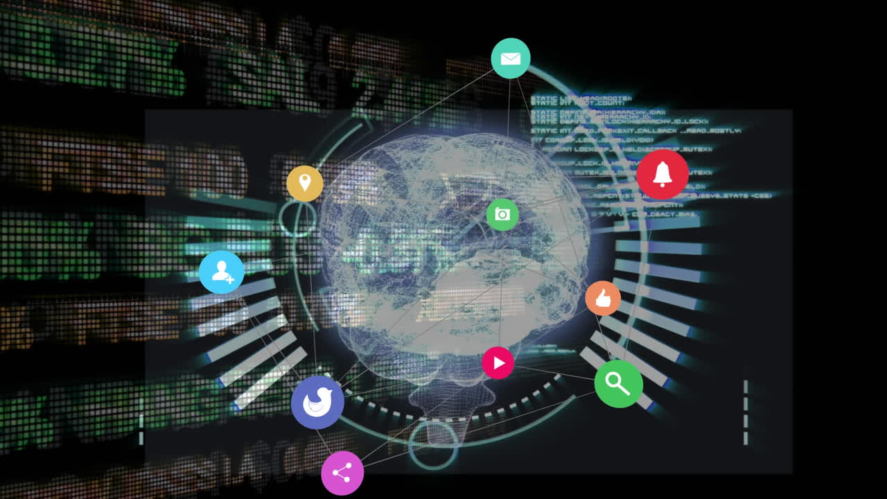 데이터 처리에 대한 3d 인간 뇌 모델에 대한 연결 아이콘의 웹