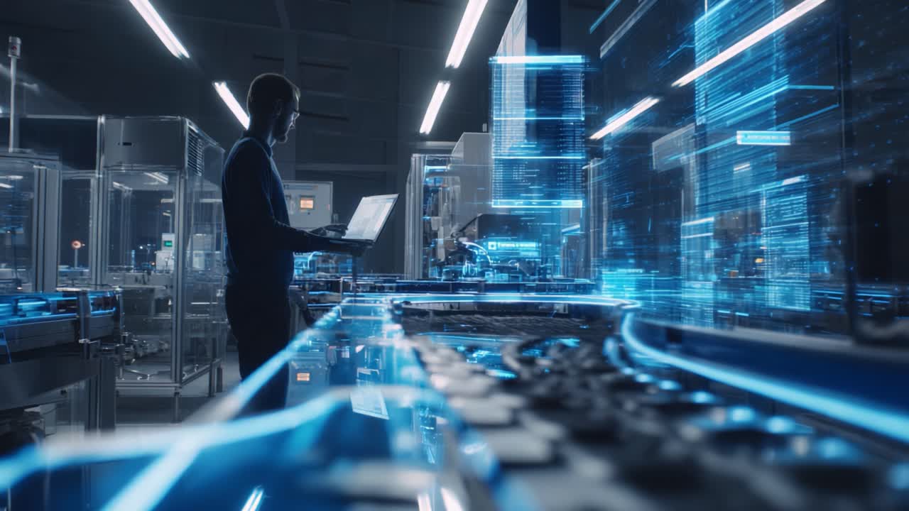 A Silhouetted Worker Engages with Advanced Technology in a High-Tech, Automated Production Facility, Highlighting the Future of Industry and Innovation