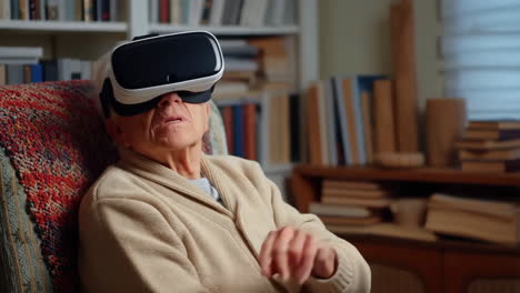 senior man experiencing vr in a home library