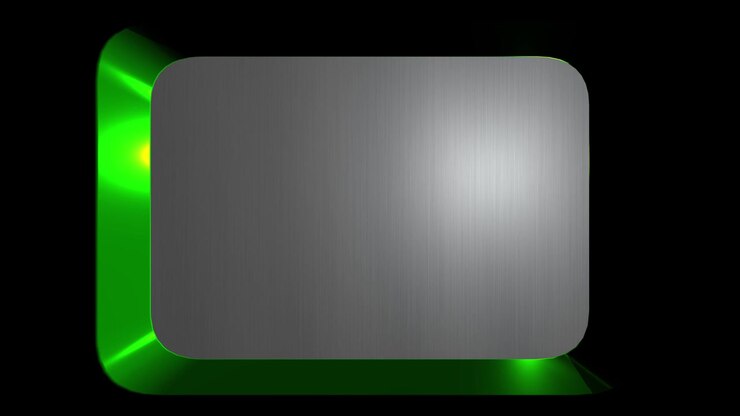 Renderização 3D de uma moldura de caixa vazia com base verde brilhante e espaço em branco em um fundo escuro, criando uma animação de exibição projetada para vitrine de produtos e sobreposições de vídeo.