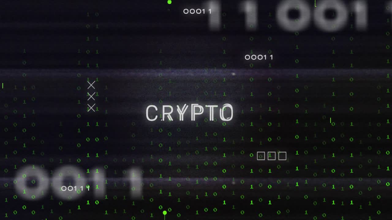 animación de la técnica de glitch sobre el texto criptográfico en el patrón de la placa de circuitos contra la caída de códigos binarios.