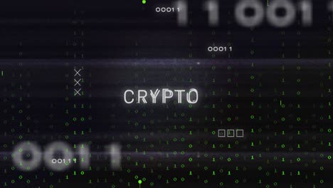 animation of glitch technique over crypto text on circuit board pattern against falling binary codes