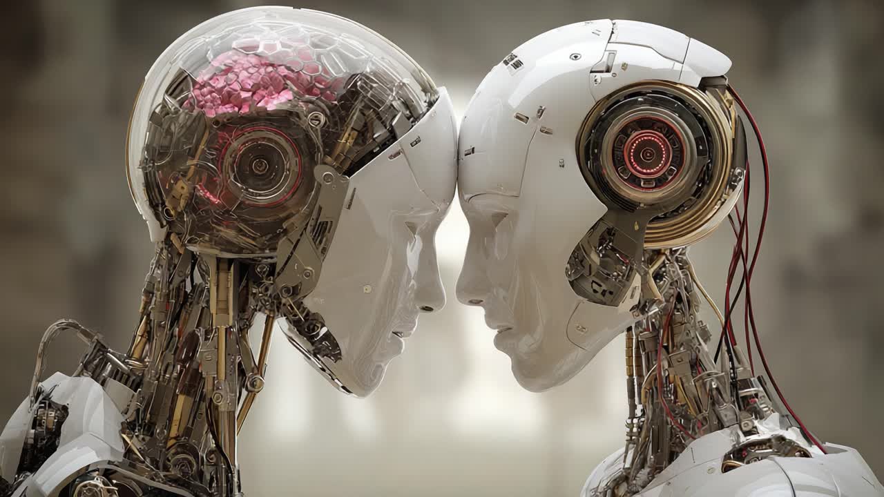 A Striking Display of Advanced Robotics: Two Symmetrical and Highly Detailed Android Heads in a Moment of Connection, Showcasing Intricate Tech Mechanics and Evolving Humanity