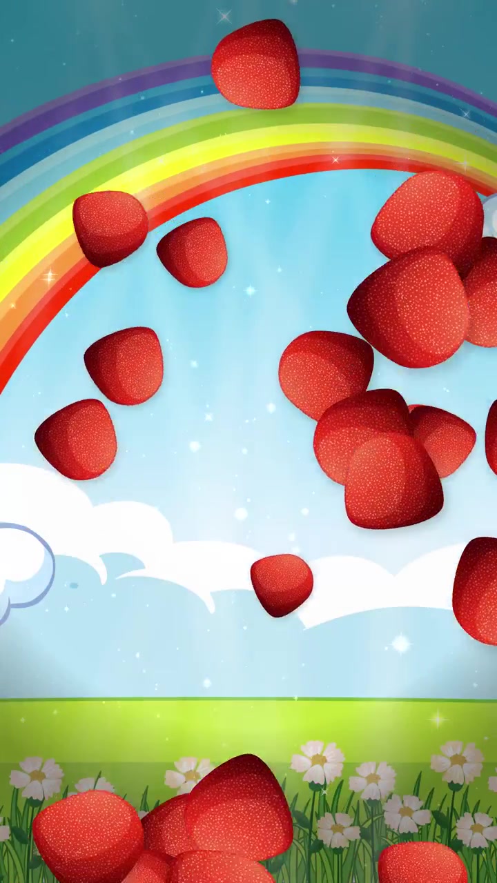 Balas de morango vermelhas em formato de coração caem sobre um fundo de desenho animado fantasioso com arco-íris e flores