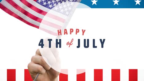Animation-of-happy-4th-of-july-text-over-person-holding-american-flag