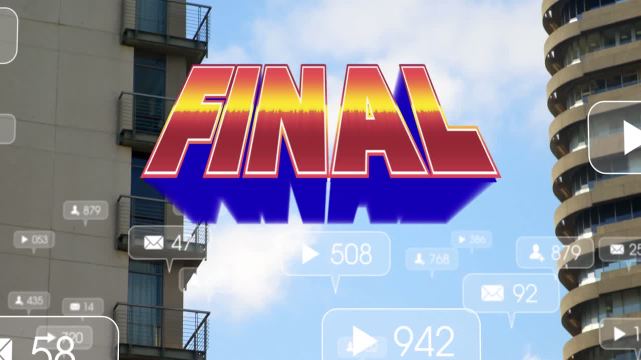 최종 텍스트의 애니메이션과 푸른 하늘과 도시 건물에 대한 소셜 미디어 알림