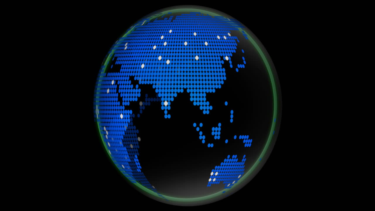 Rotating digital globe with blue pixelated continents animation on black background