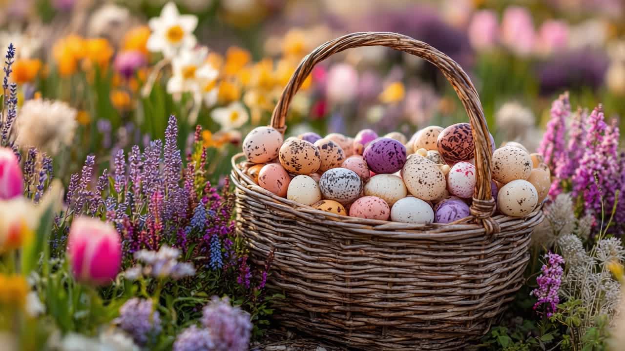 A Beautiful Spring Scene Featuring a Basket Overflowing with Colorfully Painted Eggs Surrounded by Vibrant Flowers in Bloom, Perfect for Celebrating Seasonal Joy
