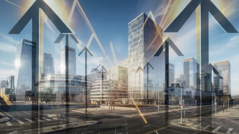 modern cityscape with upward arrows and financial growth overlay