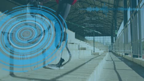 animación del procesamiento de datos digitales sobre un atleta masculino discapacitado que camina en las gradas del estadio deportivo