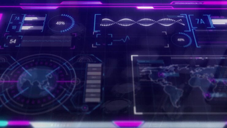 Animation of data processing and diagrams over world map and dna strand