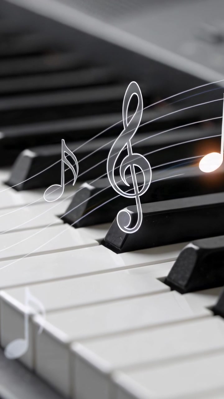 Video verticale: Appare una sovrapposizione, pianoforte da studio che mostra una chiave di violino, note illuminate che si muovono, segnando una melodia.