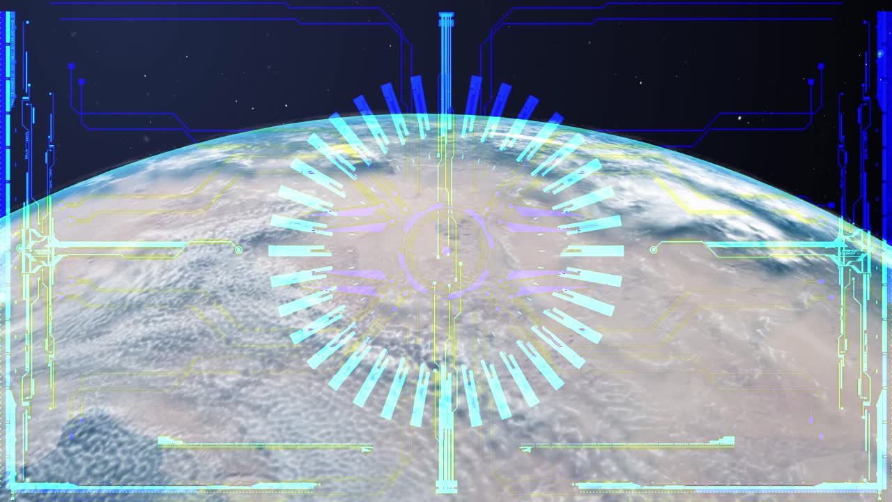 A futuristic blue HUD with a circular scanning element analyzes planet Earth from space, high-tech concept for global data or sci-fi films