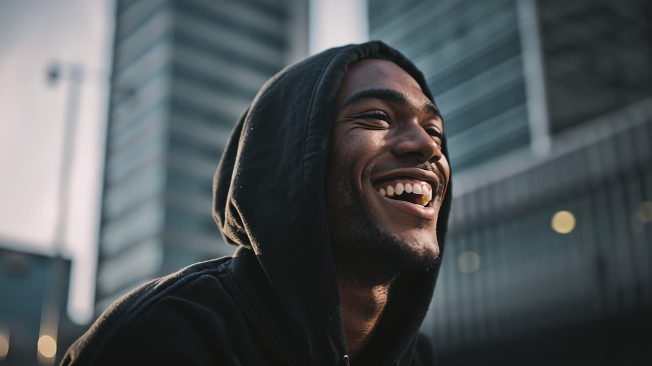 Joyful laughter of urban young man in cityscape