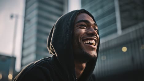 joyful laughter of urban young man in cityscape
