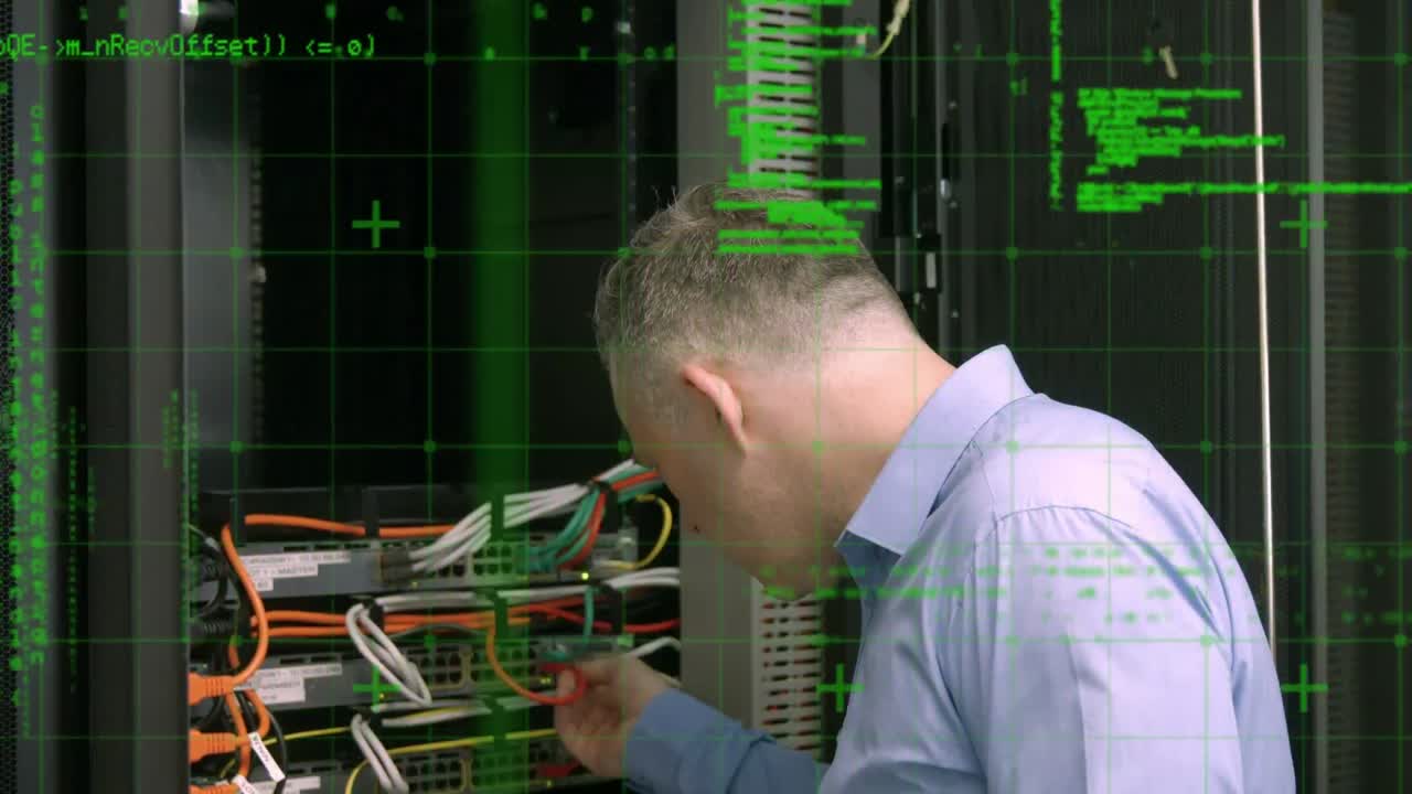Animation of data processing over caucasian man in server room
