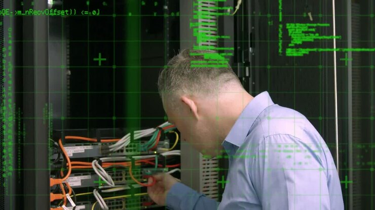 Animation of data processing over caucasian man in server room