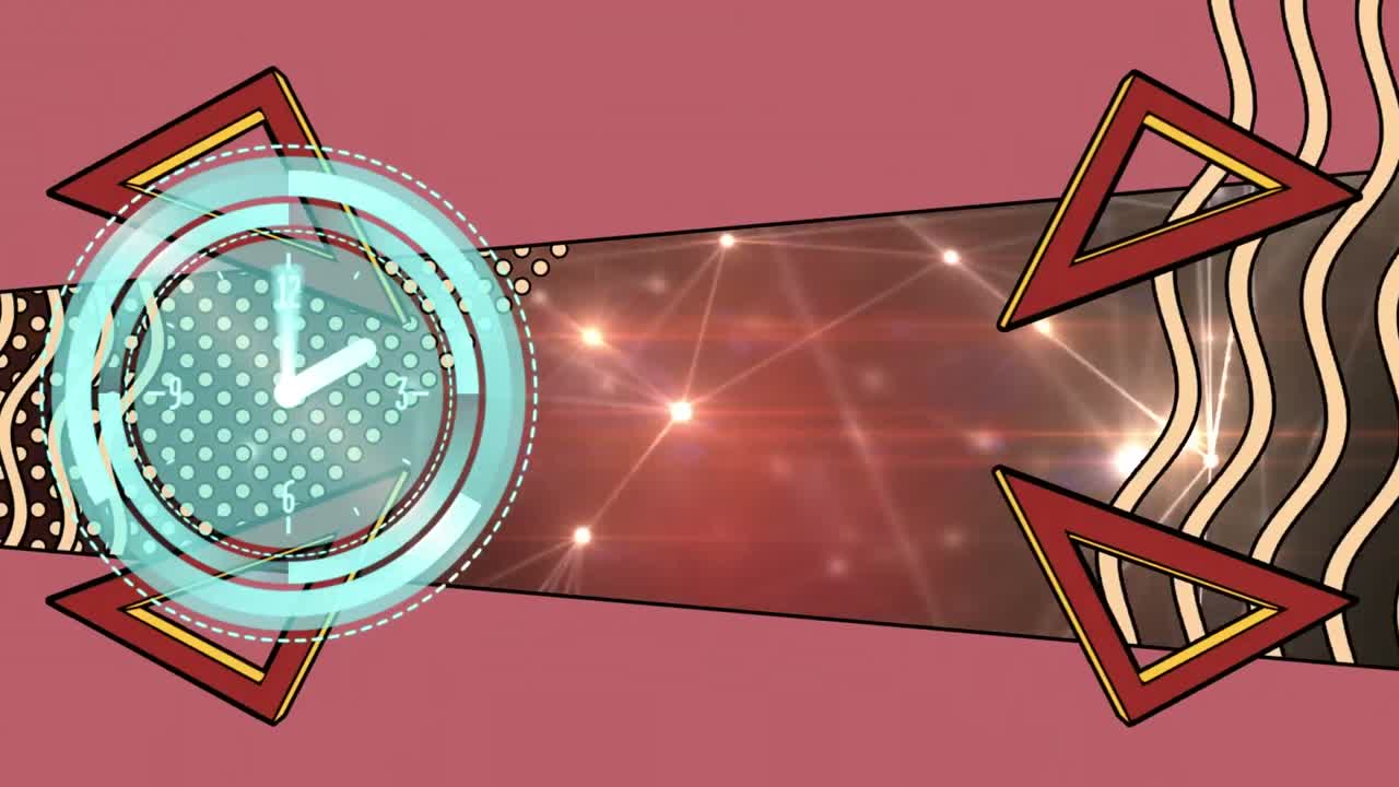 검은색 배경의 연결 네트워크를 통해 움직이는 시계와 다채로운 모양의 애니메이션