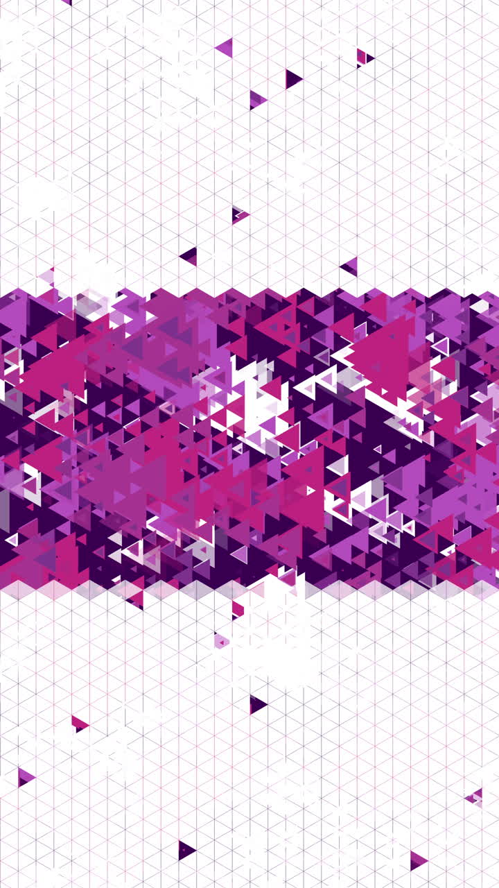 Purple gradient illuminated triangles horizontal stripe animation on white background. Looped. Vertical video.