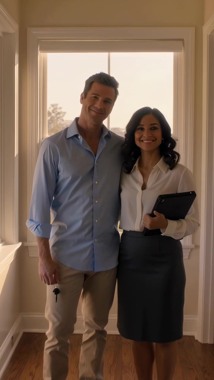 Vídeo vertical: Câmera dando zoom em casal posando no corredor de casa, mulher de saia com pasta, homem com chaves.