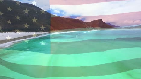 digitale compositie van zwaaiende amerikaanse vlag tegen luchtbeeld van het strand en de zee golven