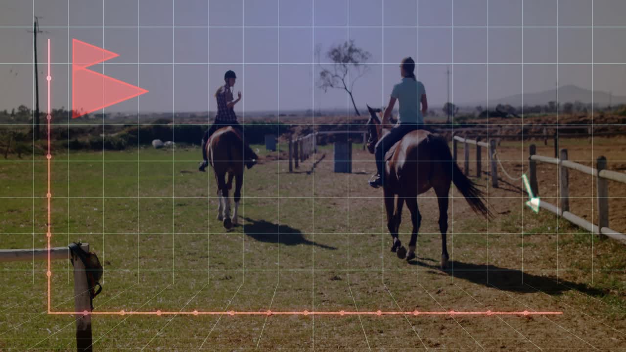 Upon entering paddock female riders riding horses while animated chart visualizing performance