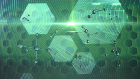 Animación-De-Moléculas-Voladoras,-Red-De-Hexágonos-Y-Luz-Verde-Brillante