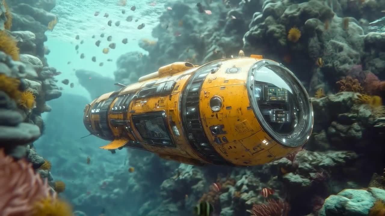 Futuristic Submarine Exploring a Coral Reef