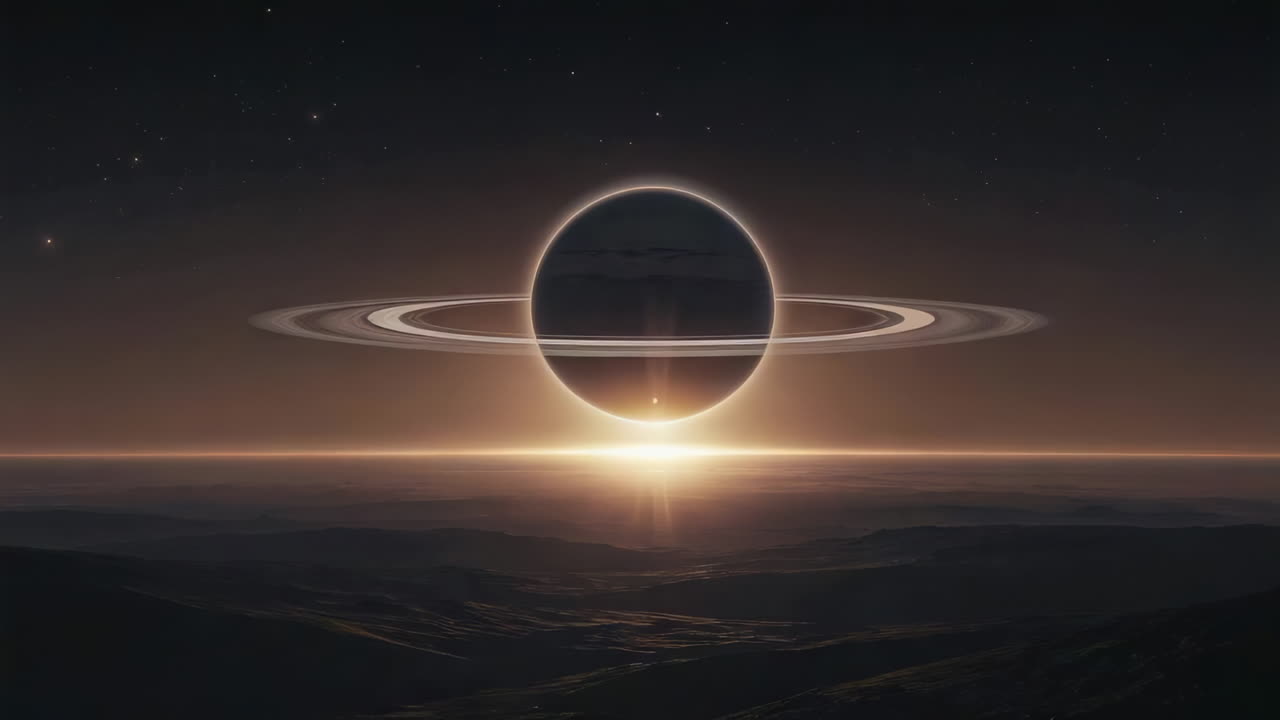Ringed Planet Silhouette Over an Alien Horizon