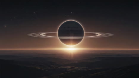 ringed planet silhouette over an alien horizon