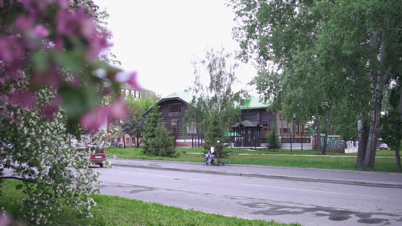 escena del parque con flores y edificios