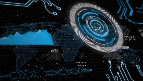 Animation-Der-Datenverarbeitung-Und-Weltkarte-Auf-Schwarzem-Hintergrund