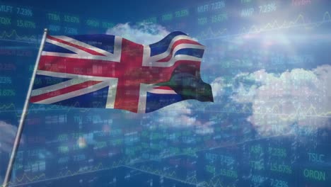 Animation-of-financial-data-over-flag-of-great-britain-and-clouds