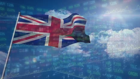 animación de datos financieros sobre la bandera de gran bretaña y las nubes